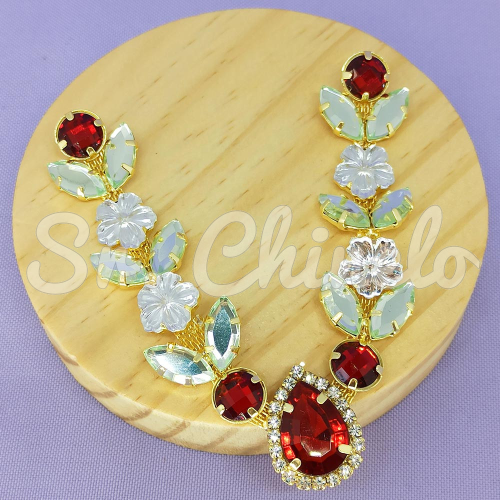 Cabedal Jasmim, Banhado, Rebite, Vermelho/Verde/Cristal