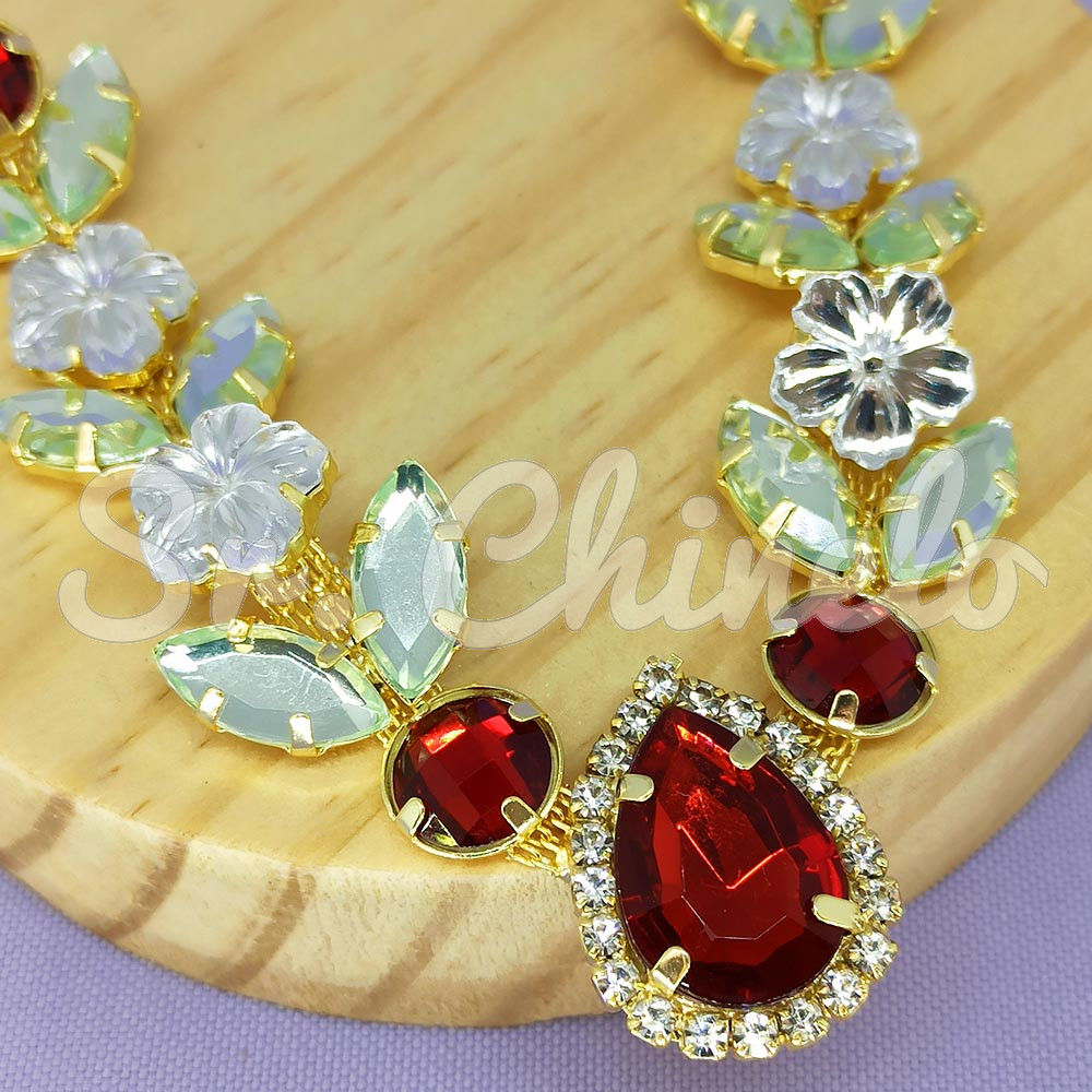 Cabedal Jasmim, Banhado, Rebite, Vermelho/Verde/Cristal
