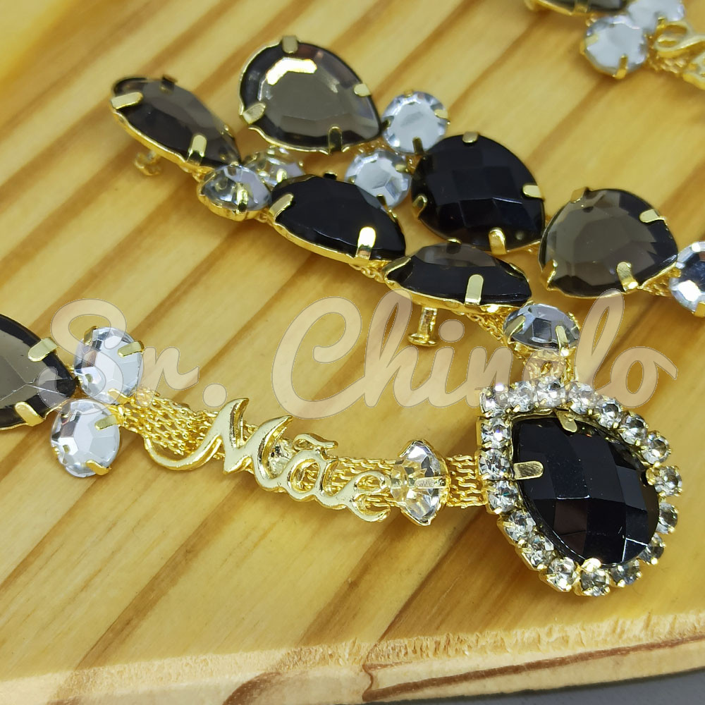 Cabedal Mãe, Gotas com Strass, Banhado, Rebite, Preto/Fumê