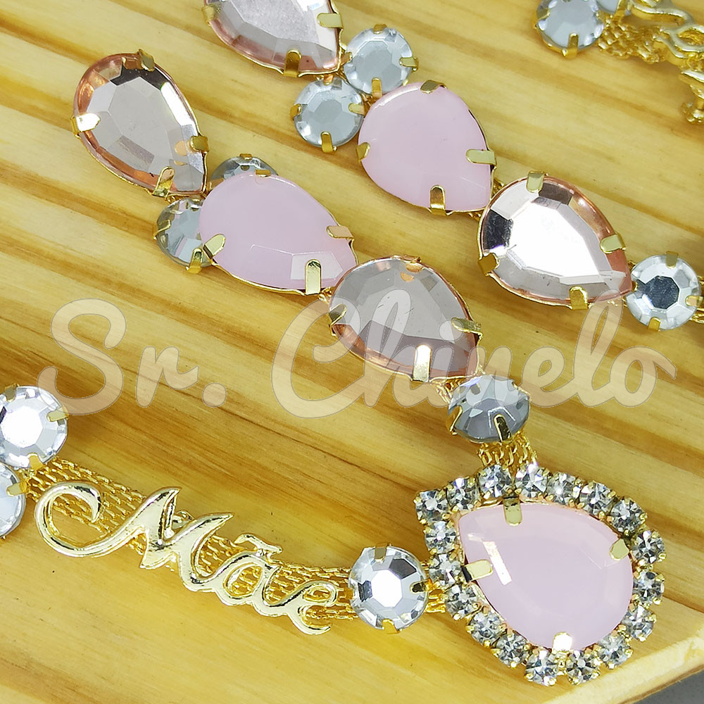 Cabedal Mãe, Gotas com Strass, Banhado, Rebite, Rosé