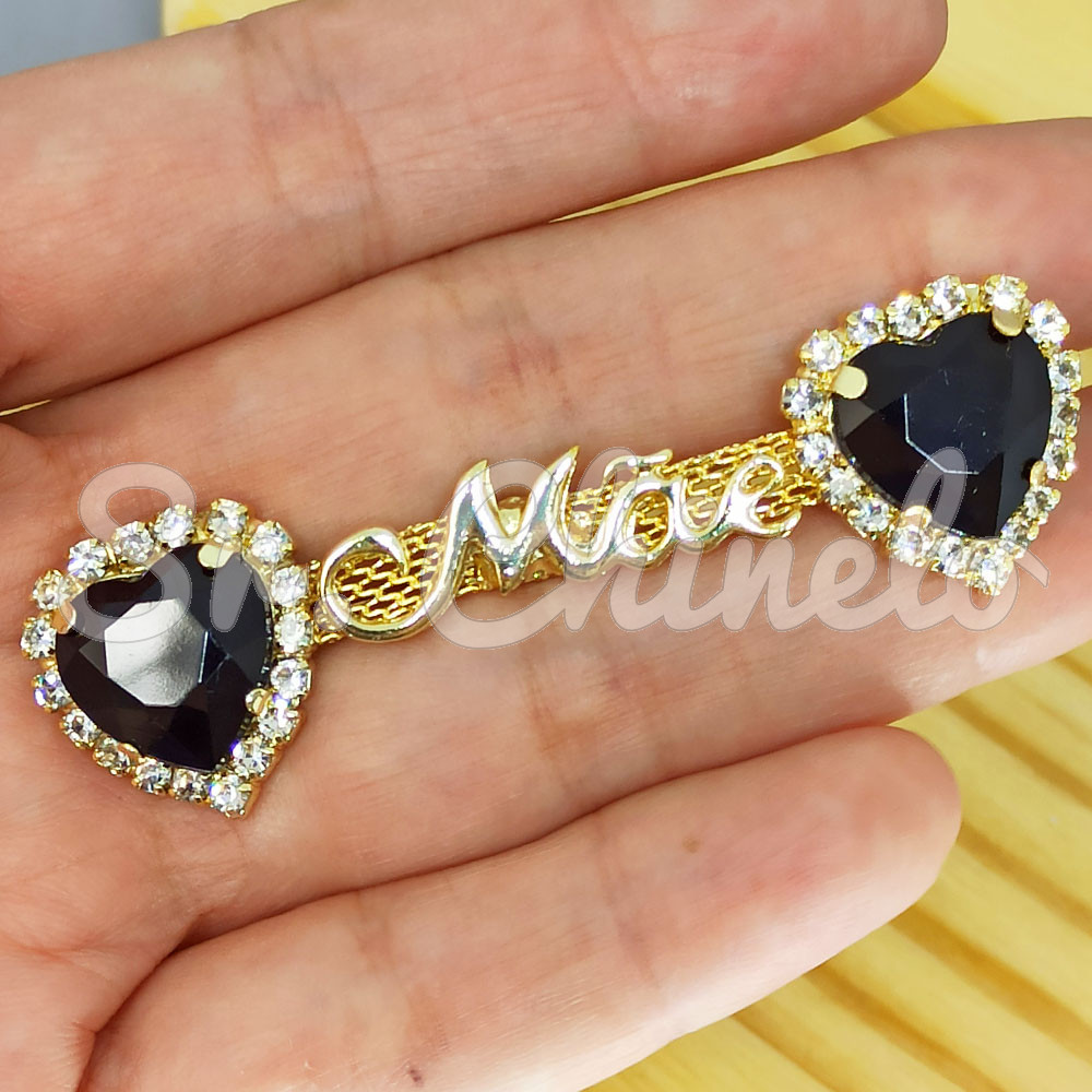 Cabedal Mãe, Coração com Strass, Banhado, Rebite, Preto