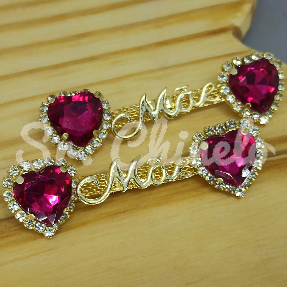Cabedal Mãe, Coração com Strass, Banhado, Rebite, Rosa Pink