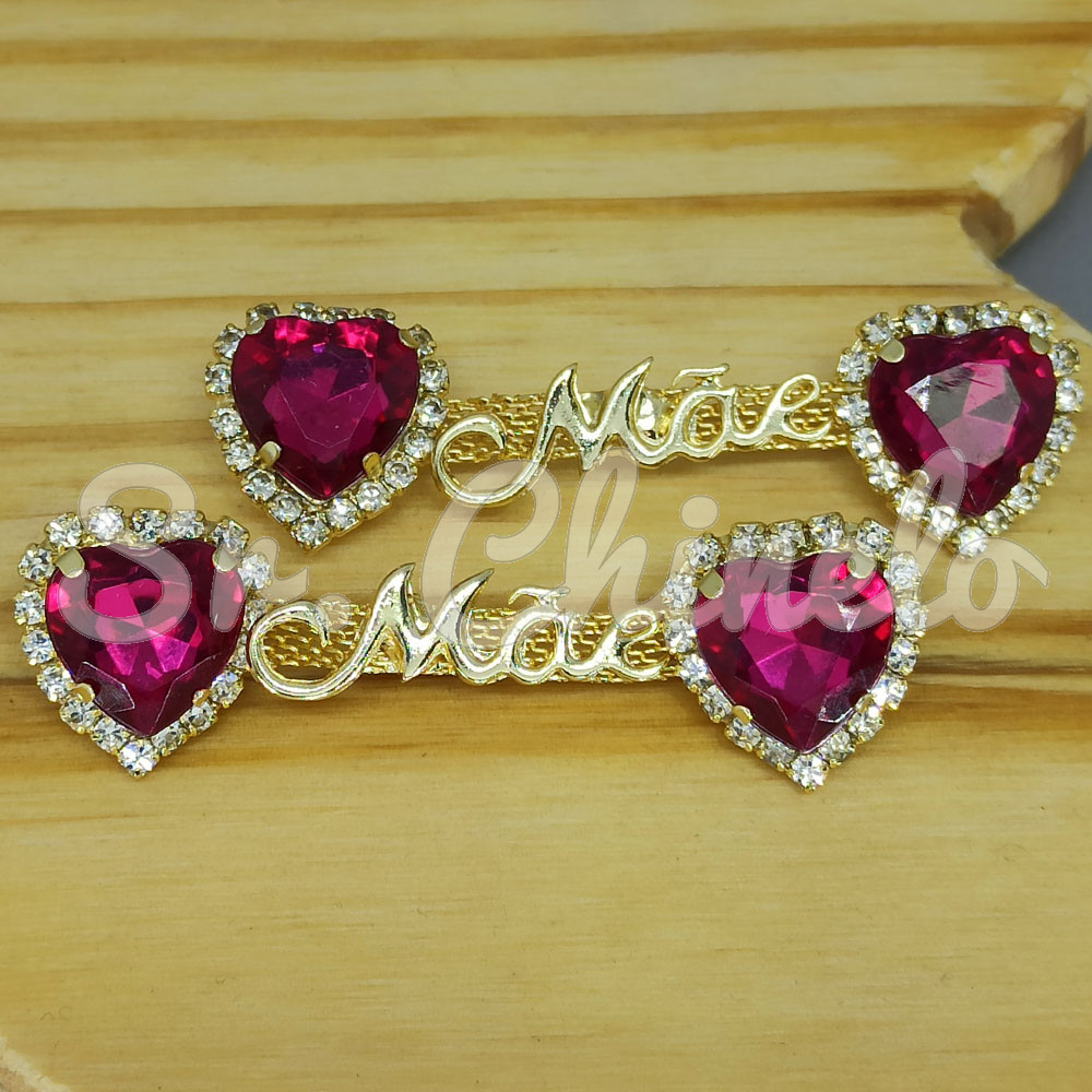 Cabedal Mãe, Coração com Strass, Banhado, Rebite, Rosa Pink