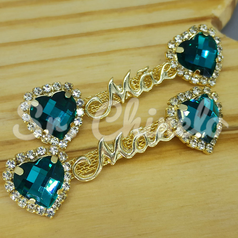 Cabedal Mãe, Coração com Strass, Banhado, Rebite, Verde Turquesa