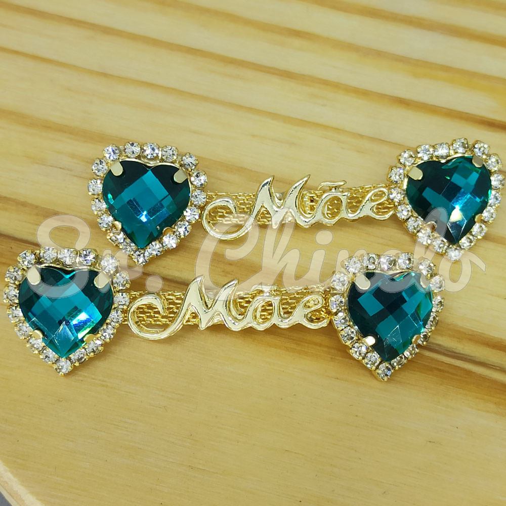 Cabedal Mãe, Coração com Strass, Banhado, Rebite, Verde Turquesa