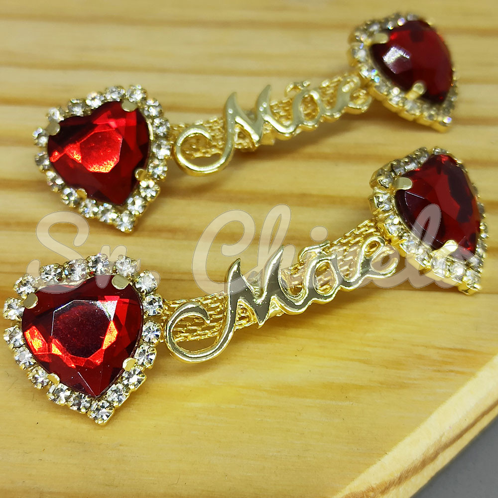 Cabedal Mãe, Coração com Strass, Banhado, Rebite, Vermelho