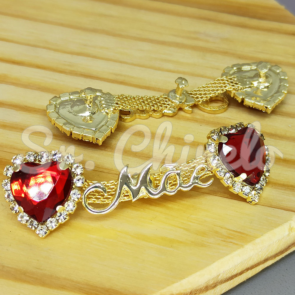 Cabedal Mãe, Coração com Strass, Banhado, Rebite, Vermelho