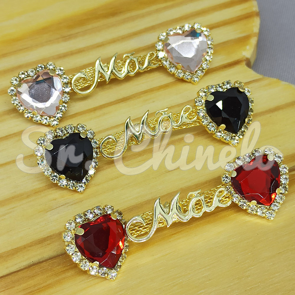 Cabedal Mãe, Coração com Strass, Banhado, Rebite