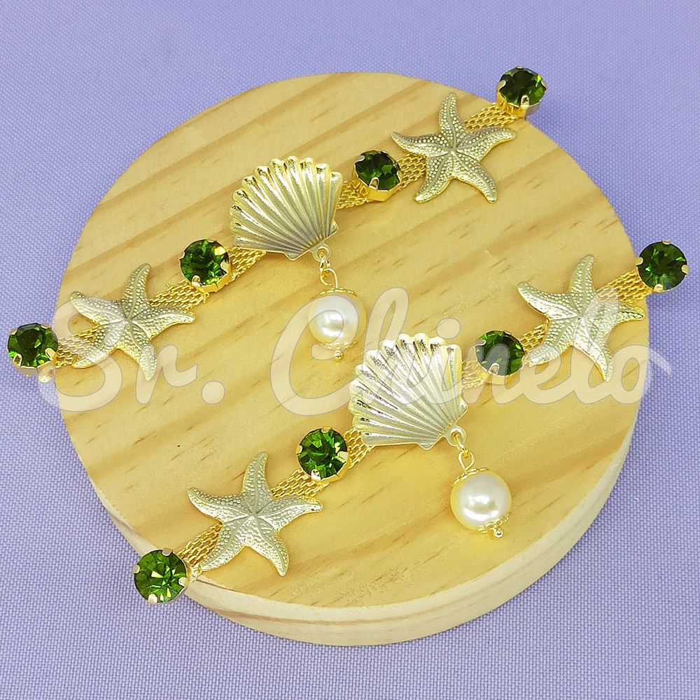 Cabedal Fundo do Mar, Banhado, Rebite, Conchas e Estrela, Verde Musgo