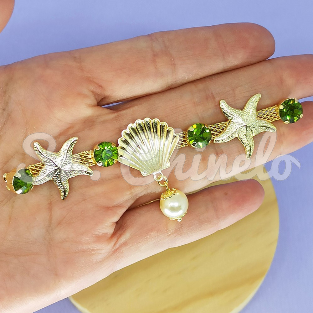 Cabedal Fundo do Mar, Banhado, Rebite, Conchas e Estrela, Verde Musgo