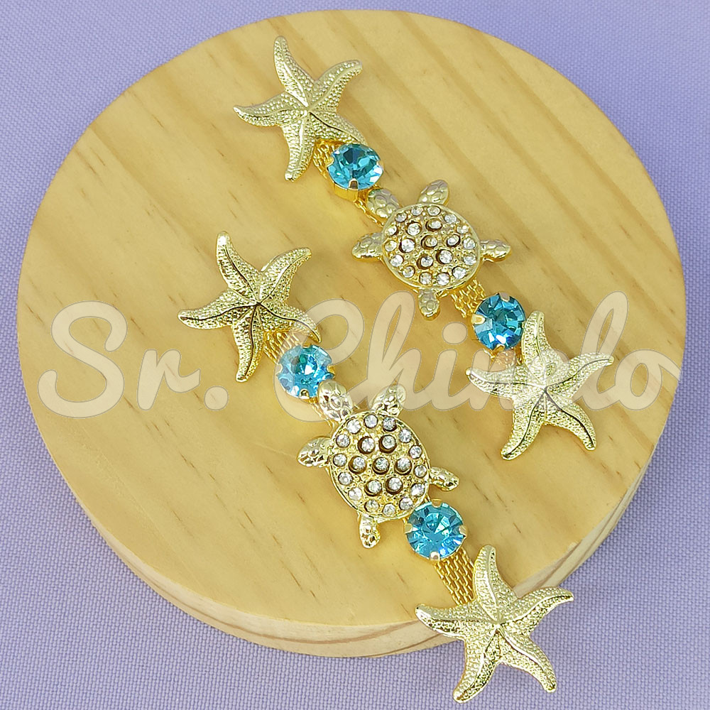 Cabedal Tartaruga e Estrela do Mar, Banhado, Rebite, Azul Tiffany