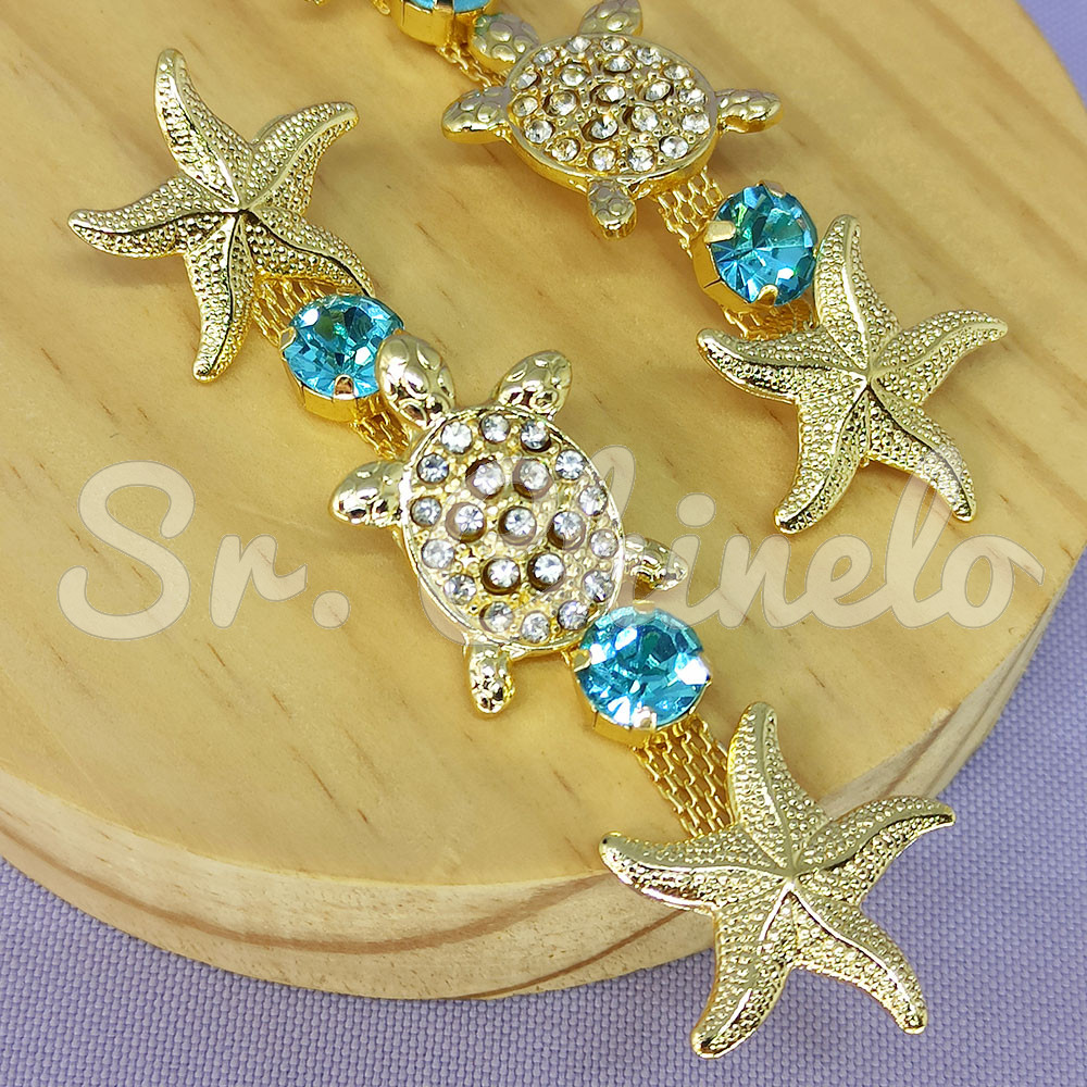 Cabedal Tartaruga e Estrela do Mar, Banhado, Rebite, Azul Tiffany