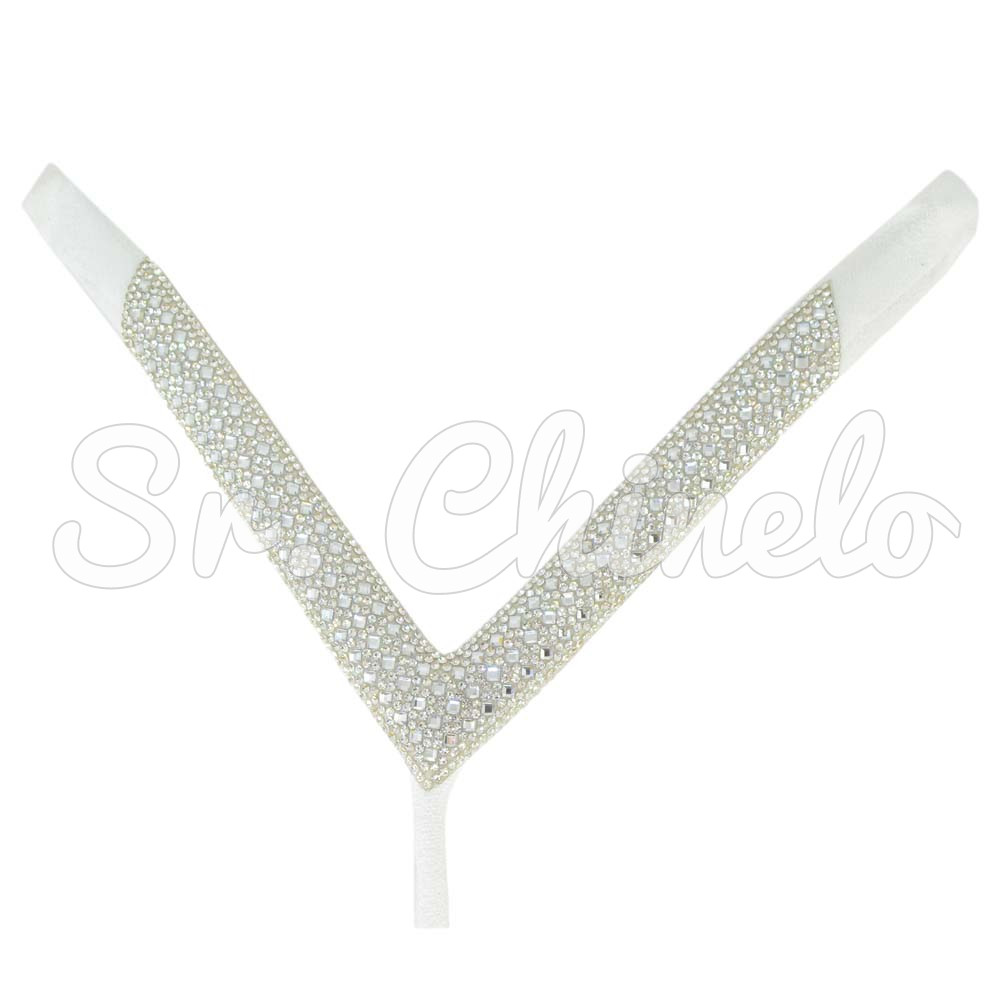 Cabedal Paola, Tecido com Strass, Formato em V, Pronto para Aplicação em Solas, Branco/Cristal