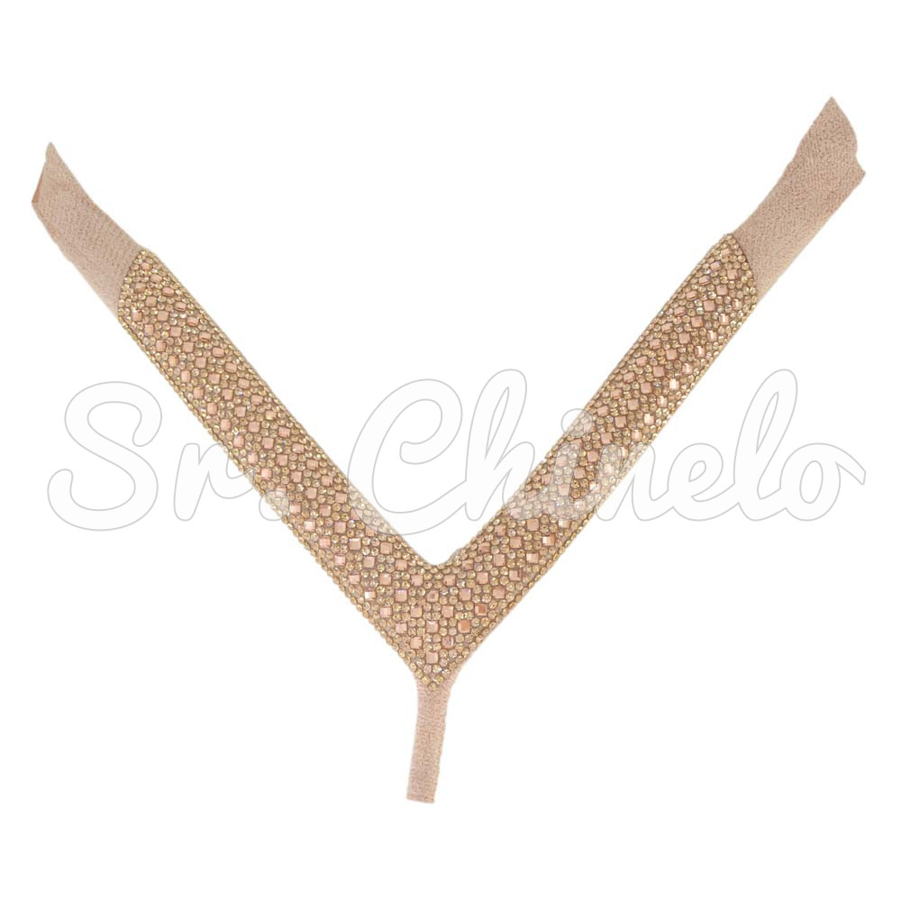 Cabedal Paola, Tecido com Strass, Formato em V, Pronto para Aplicação em Solas, Rosê/Rose Gold