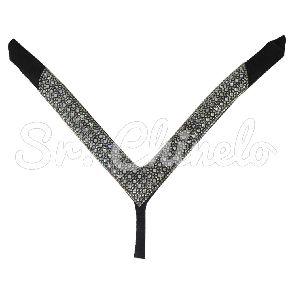 Cabedal Paola, Tecido com Strass, Formato em V, Pronto para Aplicação em Solas, Preto/Grafite