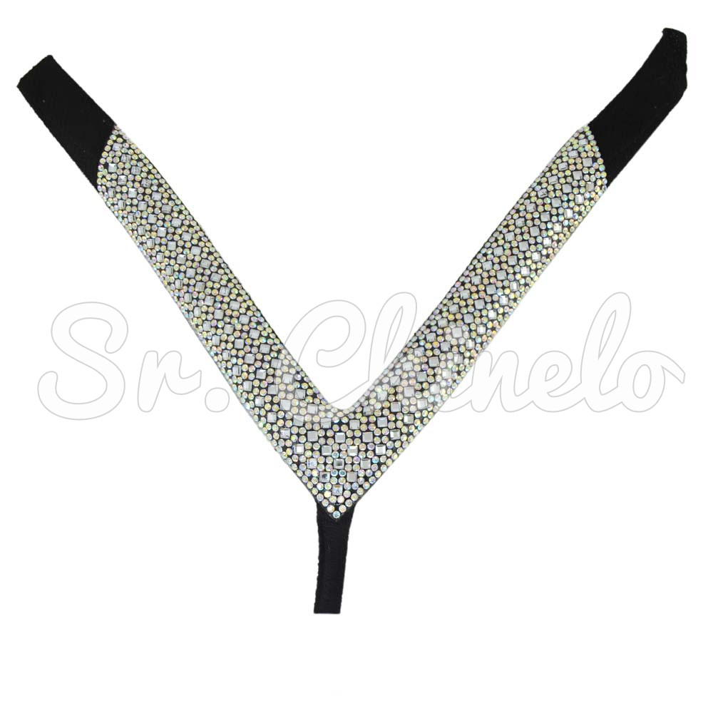 Cabedal Paola, Tecido com Strass, Formato em V, Pronto para Aplicação em Solas, Preto/Furtacor