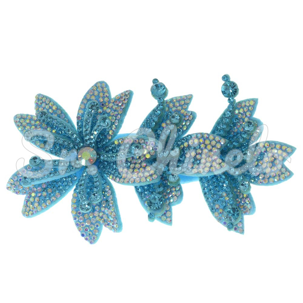 Cabedal Miriam, Três Flores com Strass, Tecido, Azul Celeste/Furtacor