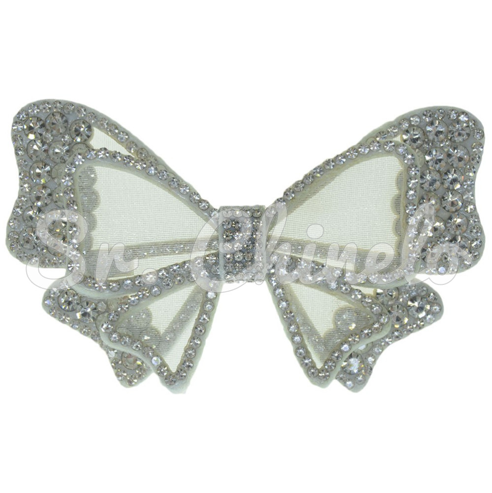 Aplique Marisa, Laço, Tecido Branco, Strass Cristal