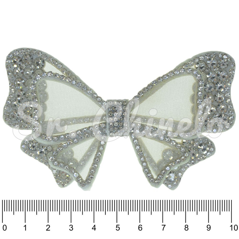 Aplique Marisa, Laço, Tecido Branco, Strass Cristal