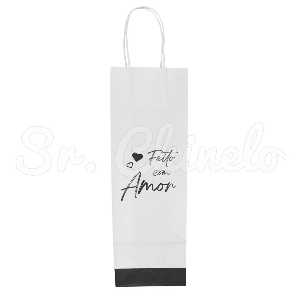 Sacola, 12cm x 36cm, Feito com Amor, Corações, Branco