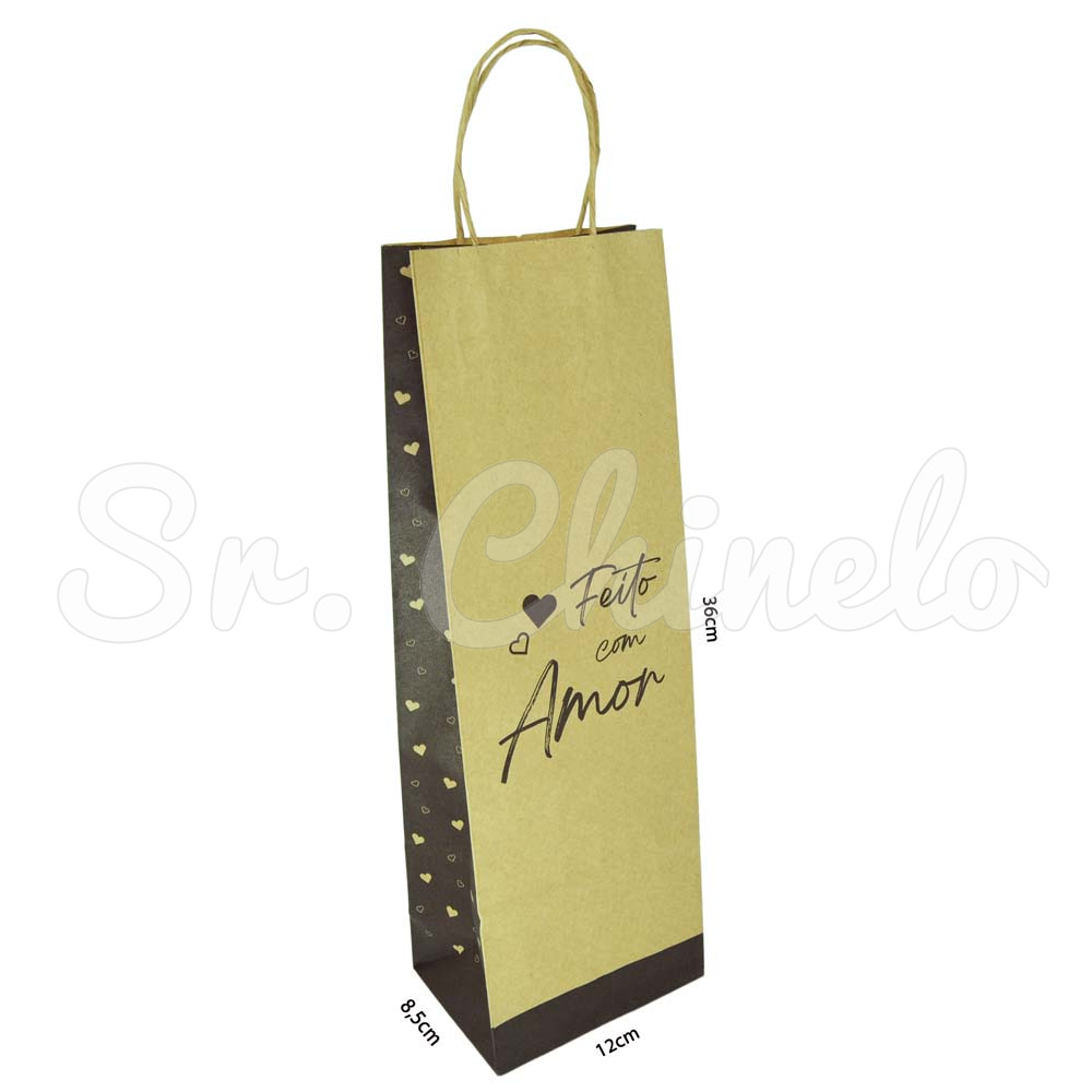 Sacola, 12cm x 36cm, Feito com Amor, Corações, Kraft