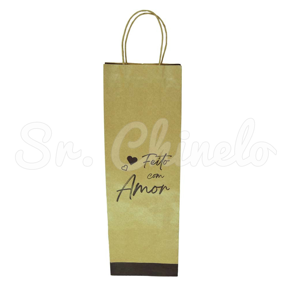 Sacola, 12cm x 36cm, Feito com Amor, Corações, Kraft