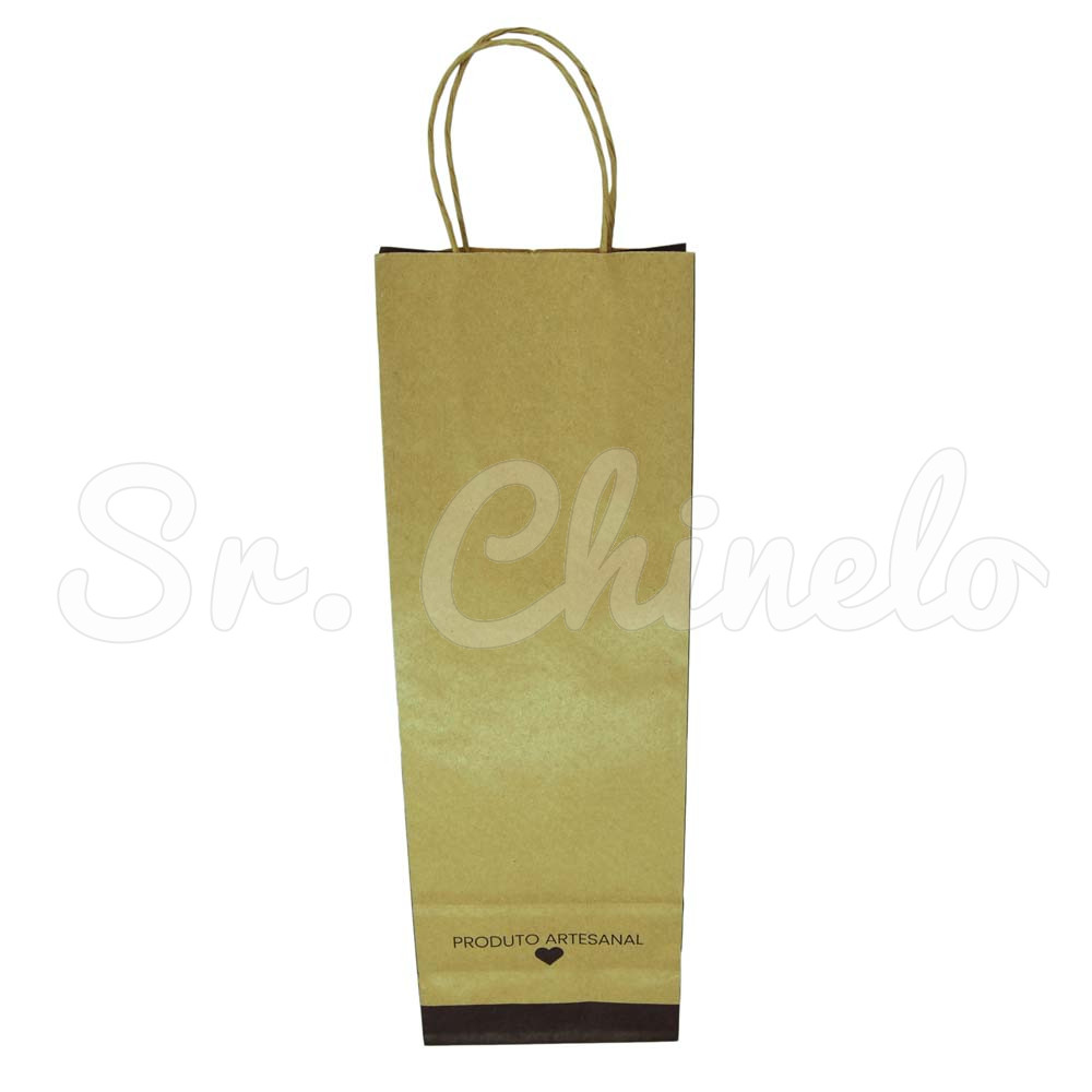Sacola, 12cm x 36cm, Feito com Amor, Corações, Kraft