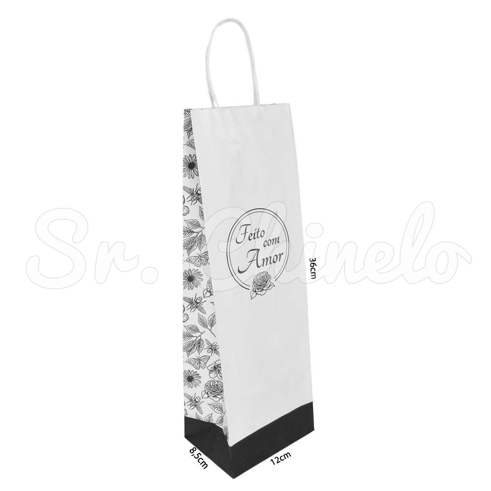 Sacola, 12cm x 36cm, Feito com Amor, Flores e Insetos, Branco