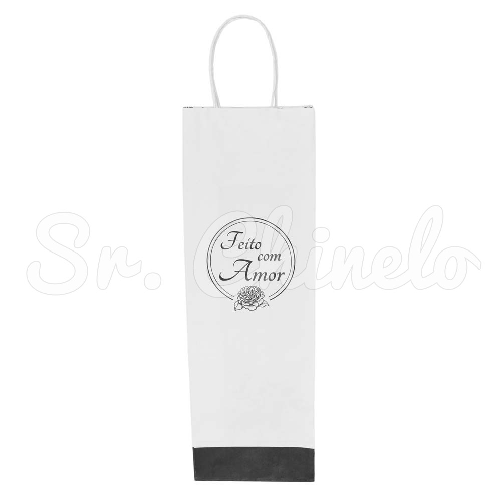 Sacola, 12cm x 36cm, Feito com Amor, Flores e Insetos, Branco