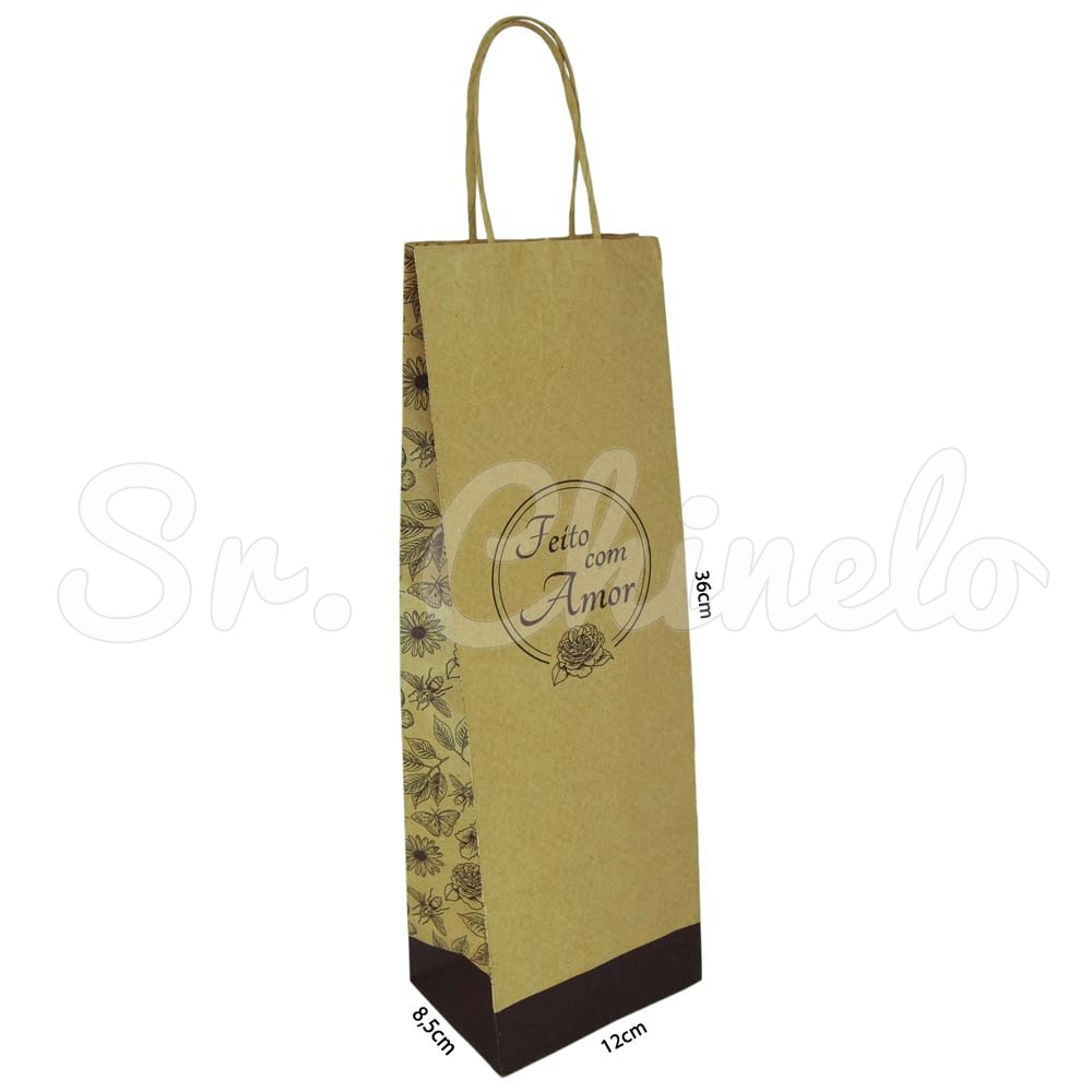 Sacola, 12cm x 36cm, Feito com Amor, Flores e Insetos, Kraft