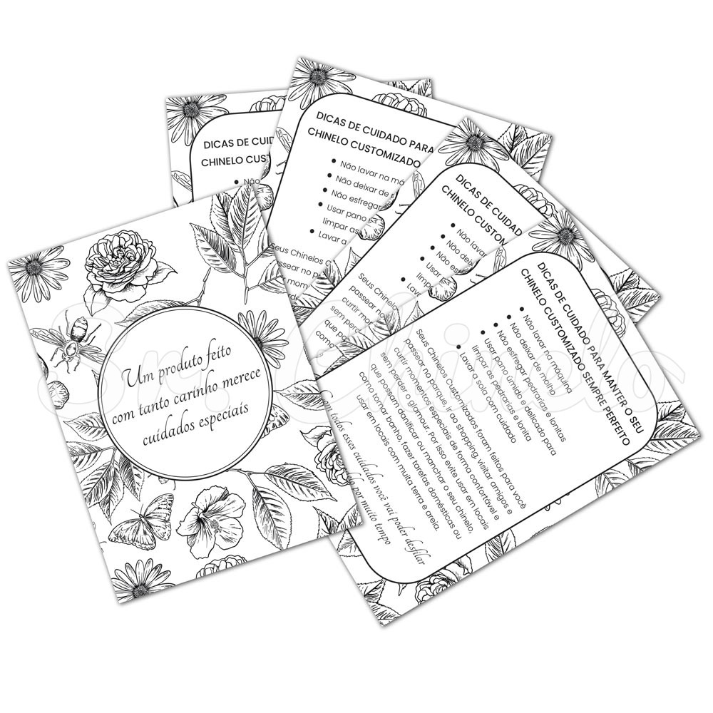 Panfleto de Cuidados Especiais, 7,5cm x 10,5cm, Flores e Insetos, Preto/Branco