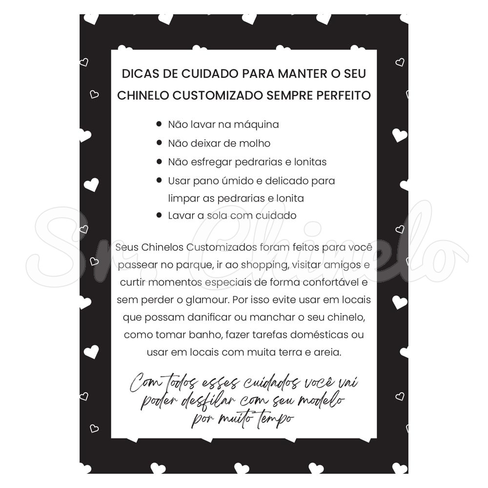 Panfleto de Cuidados Especiais, 7,5cm x 10,5cm, Corações, Preto/Branco
