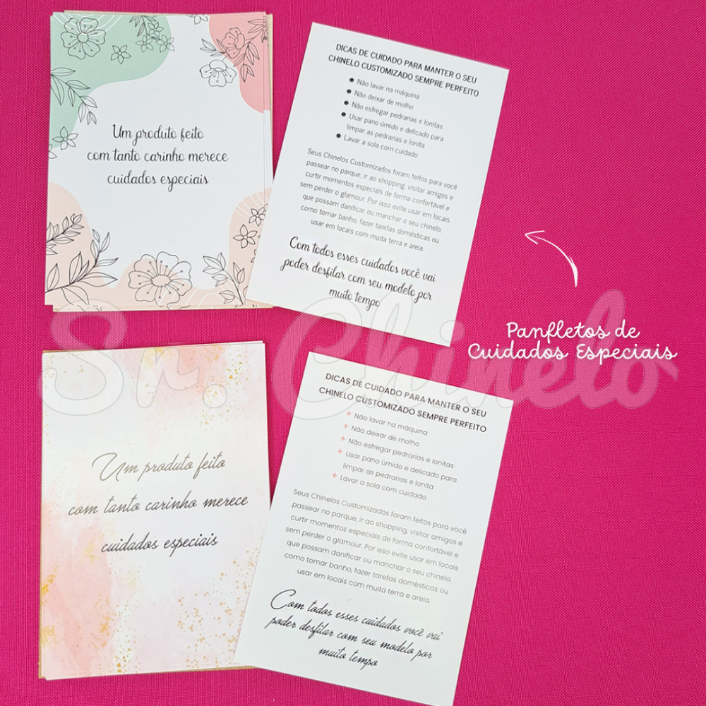 Panfleto de Cuidados Especiais, 7,5cm x 10,5cm, Branco/Rosa/Dourado