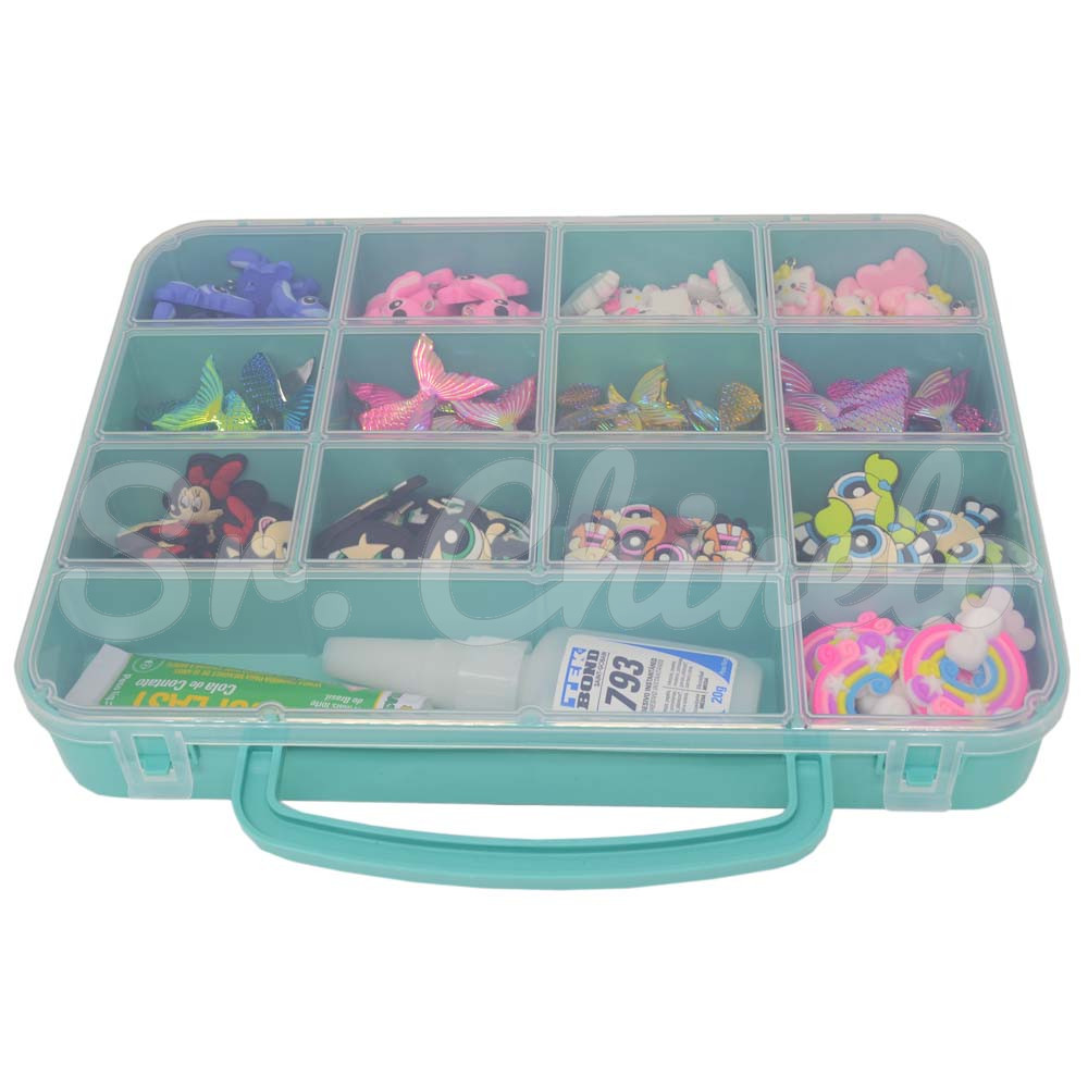 Maleta Organizadora, 14 Divisórias, Verde Tiffany/Transparente