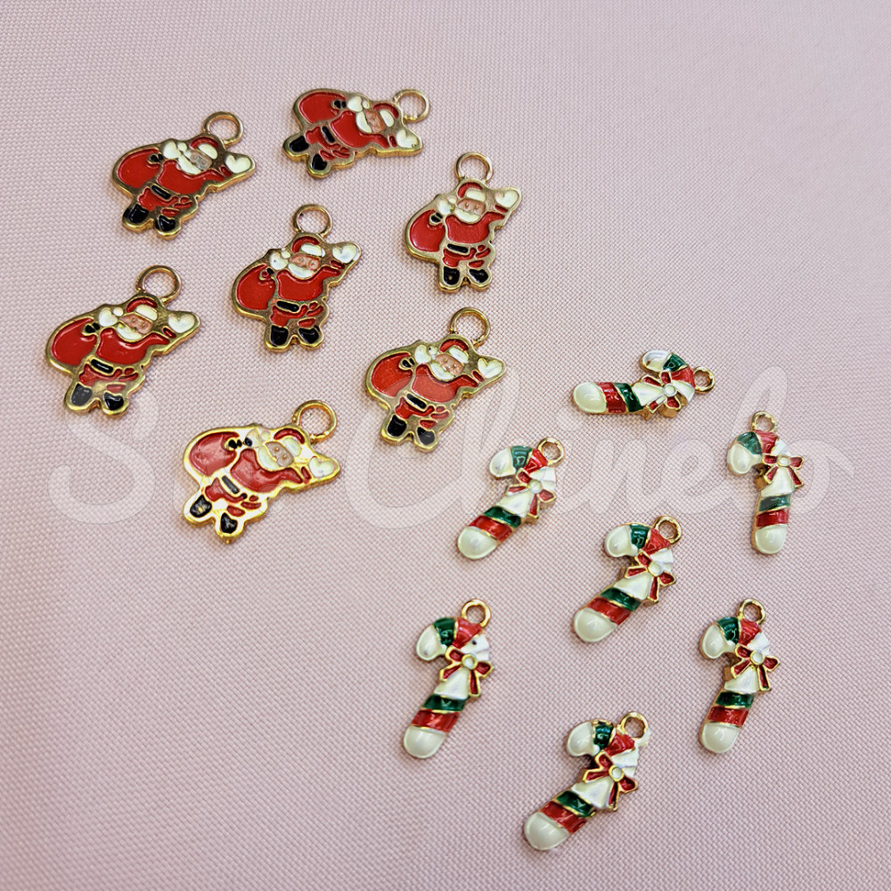Pingente, Bengala Doce de Natal, Ouro, Branco/Vermelho/Verde
