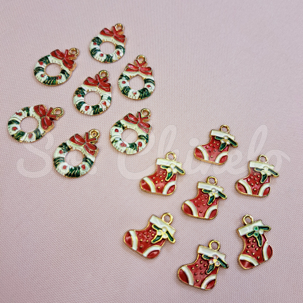 Pingente, Meia de Natal, Ouro, Branco/Vermelho/Verde
