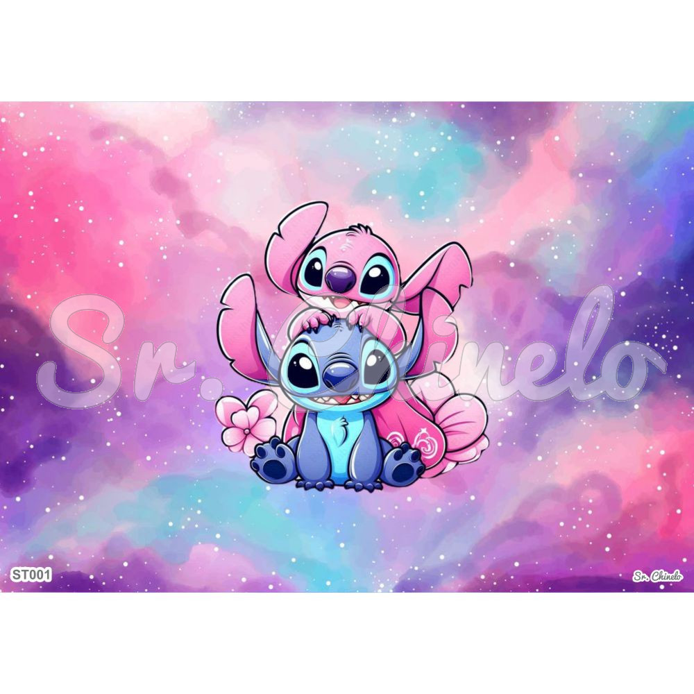 Estampa Sublimada, Stitch e Angel, Azul/Rosa
