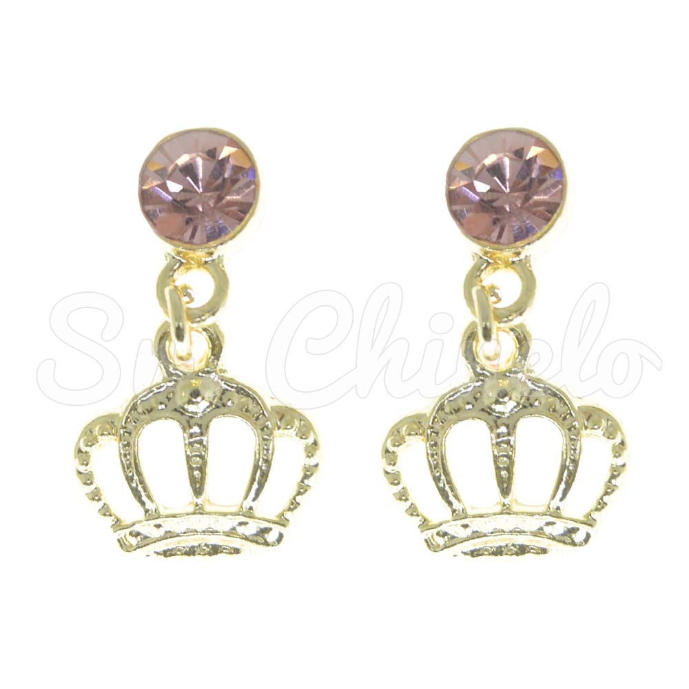 Piercing de Rebite com Pingente, Coroa, Strass Rosa Claro