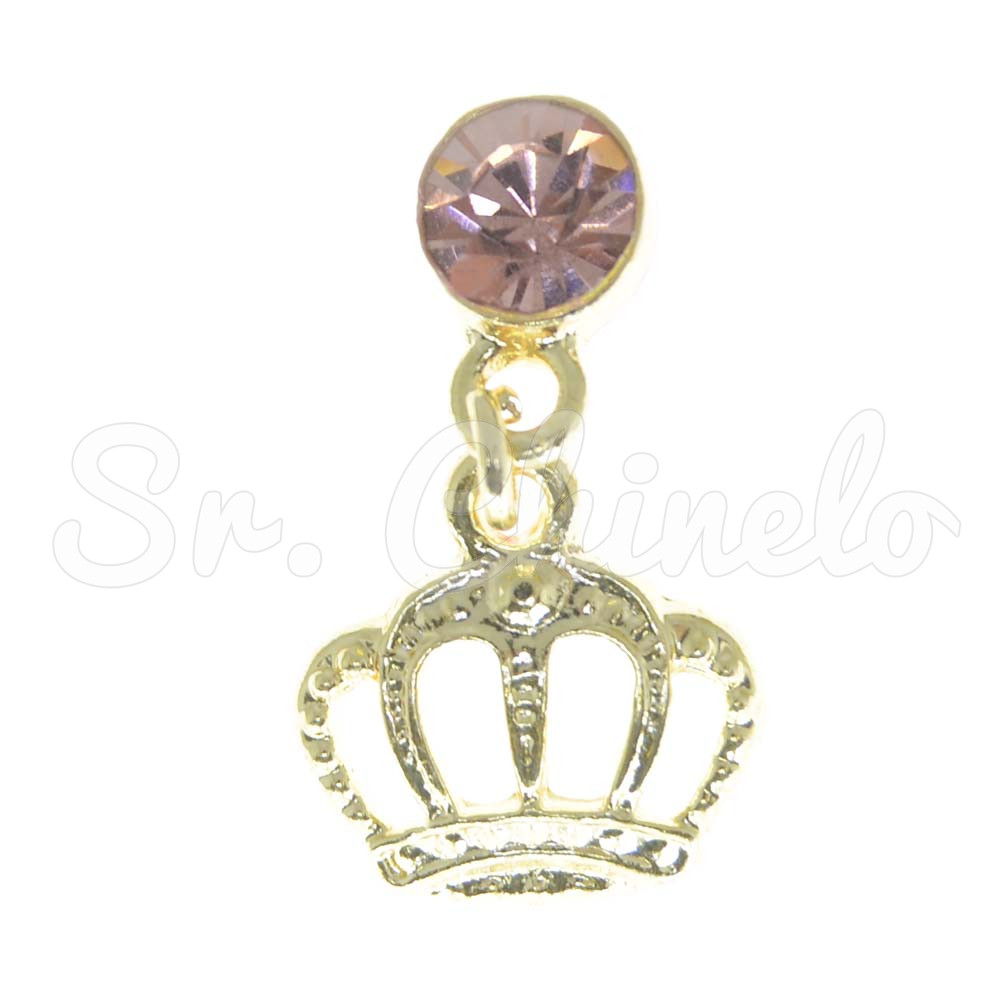 Piercing de Rebite com Pingente, Coroa, Strass Rosa Claro