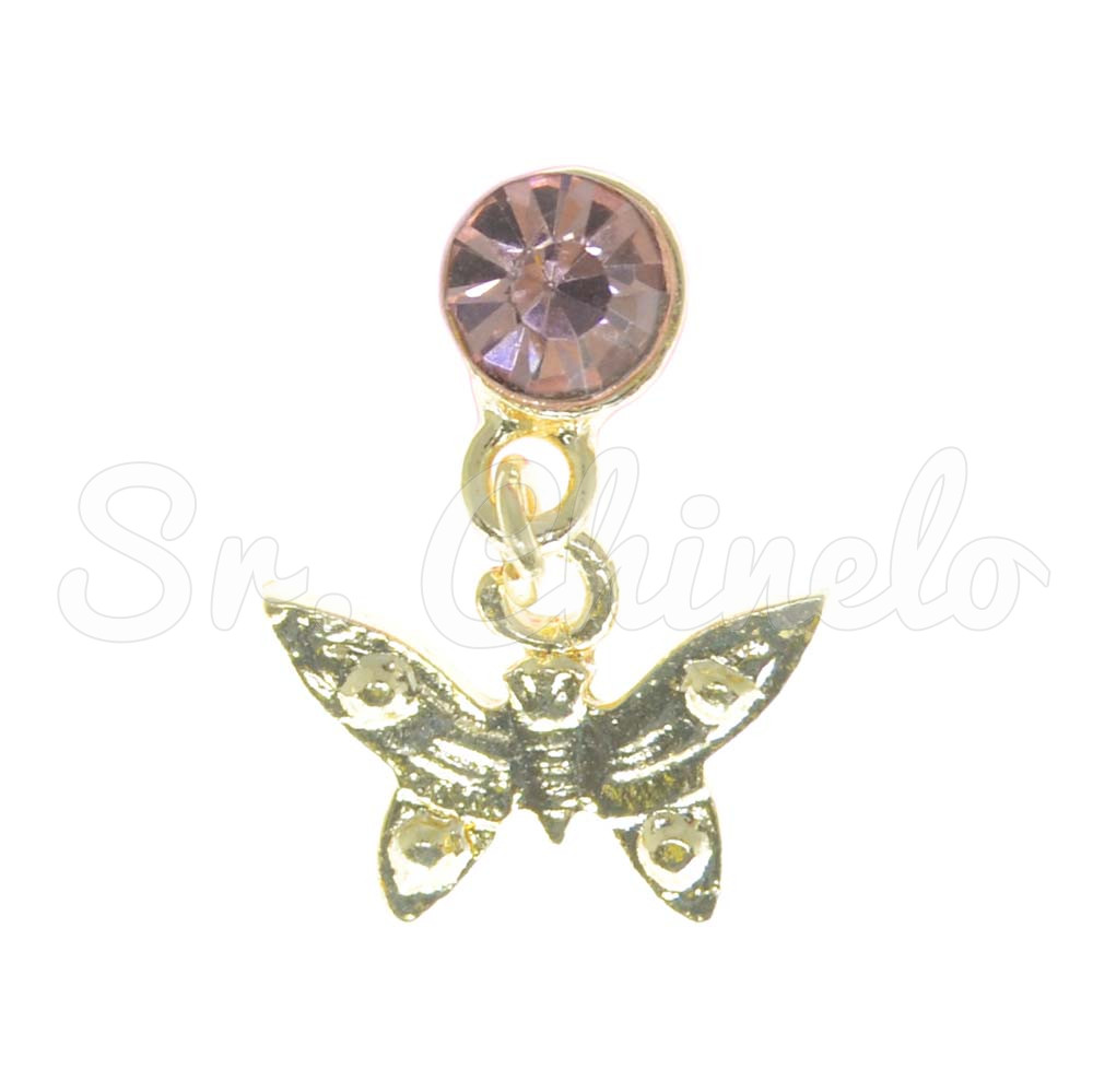 Piercing de Rebite com Pingente, Borboleta, Strass Rosa Claro