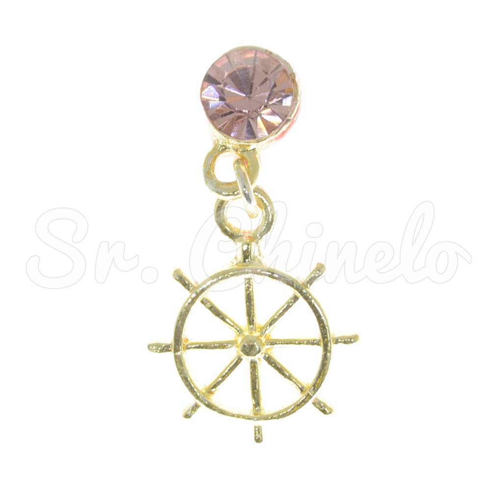 Piercing de Rebite com Pingente, Leme, Strass Rosa Claro