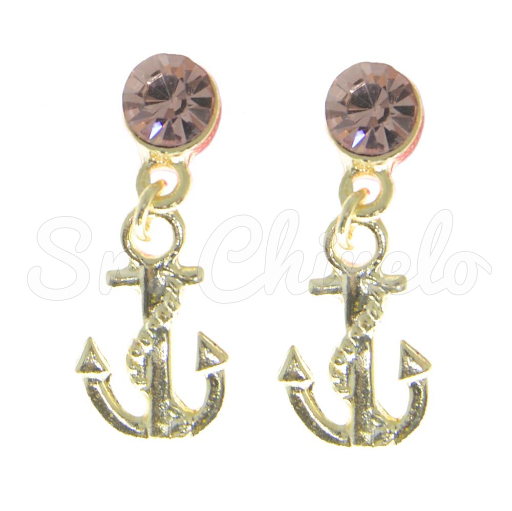 Piercing de Rebite com Pingente, Âncora, Strass Rosa Claro
