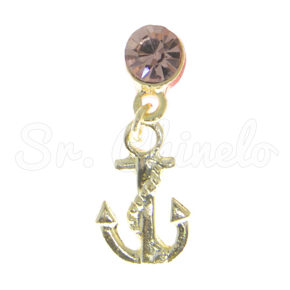 Piercing de Rebite com Pingente, Âncora, Strass Rosa Claro