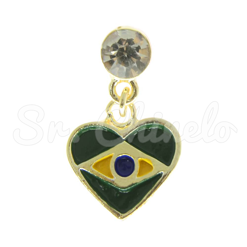 Piercing de Rebite com Pingente, Coração Brasil, Verde/Amarelo/Azul