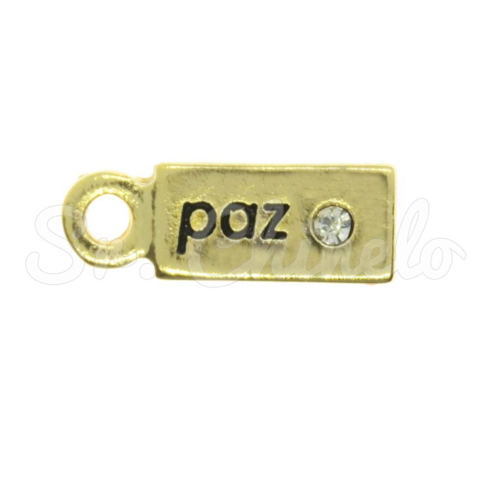 Pingente, Plaquinha Paz, Ouro/Cristal
