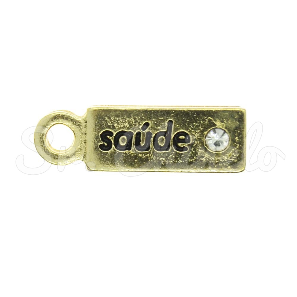 Pingente, Plaquinha Saúde, Ouro/Cristal