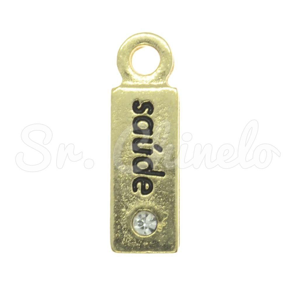 Pingente, Plaquinha Saúde, Ouro/Cristal