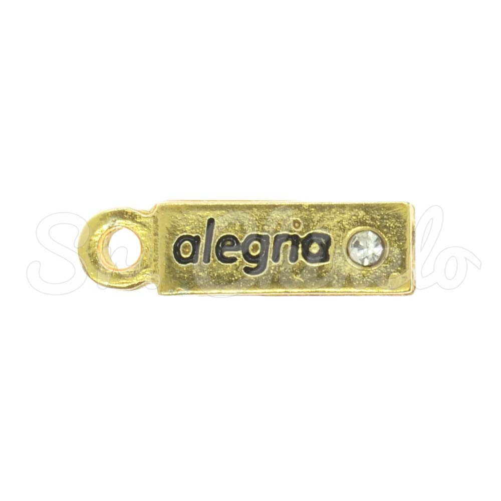 Pingente, Plaquinha Alegria, Ouro/Cristal