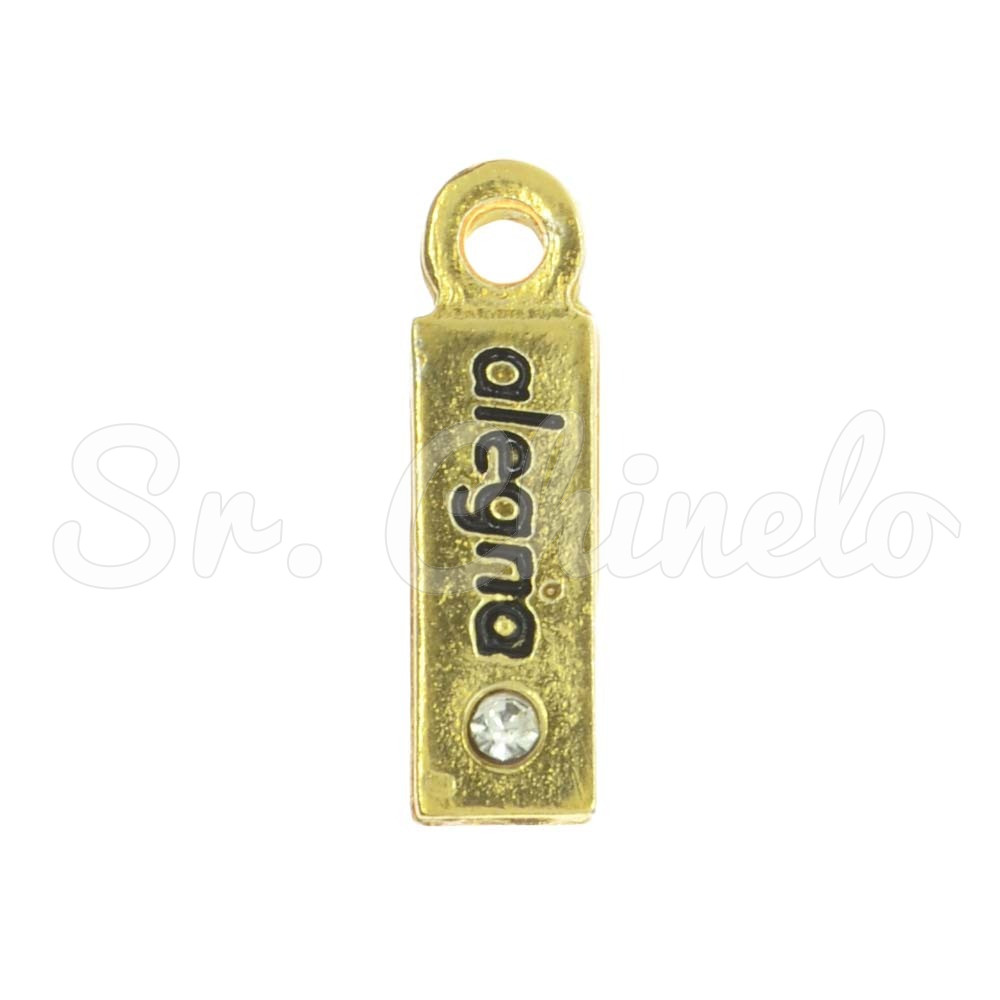 Pingente, Plaquinha Alegria, Ouro/Cristal