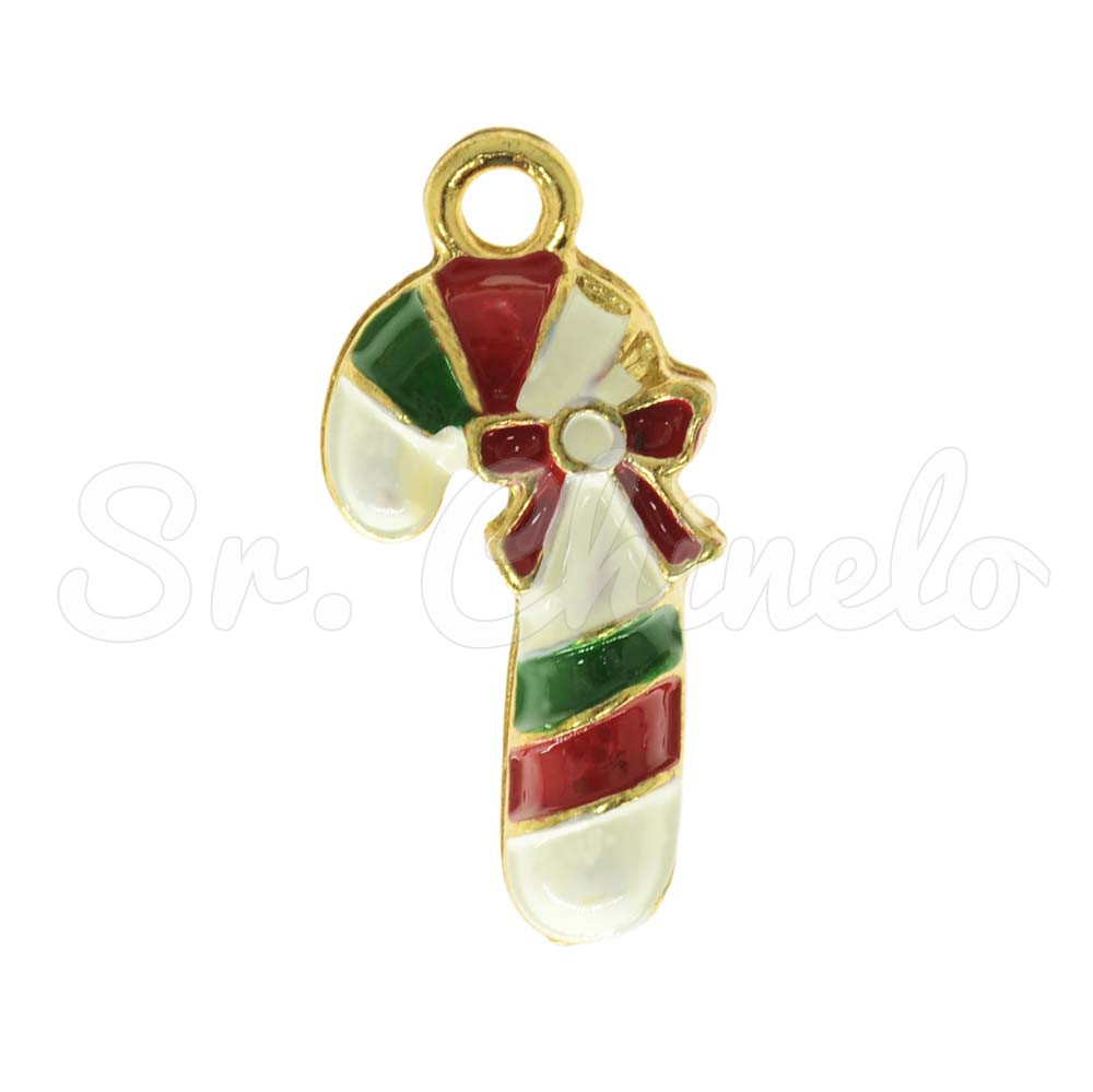 Pingente, Bengala Doce de Natal, Ouro, Branco/Vermelho/Verde